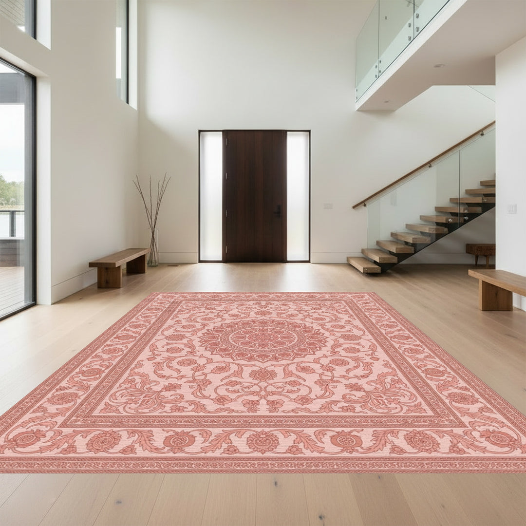 Delicate Pink Floral Mandala Border Rug