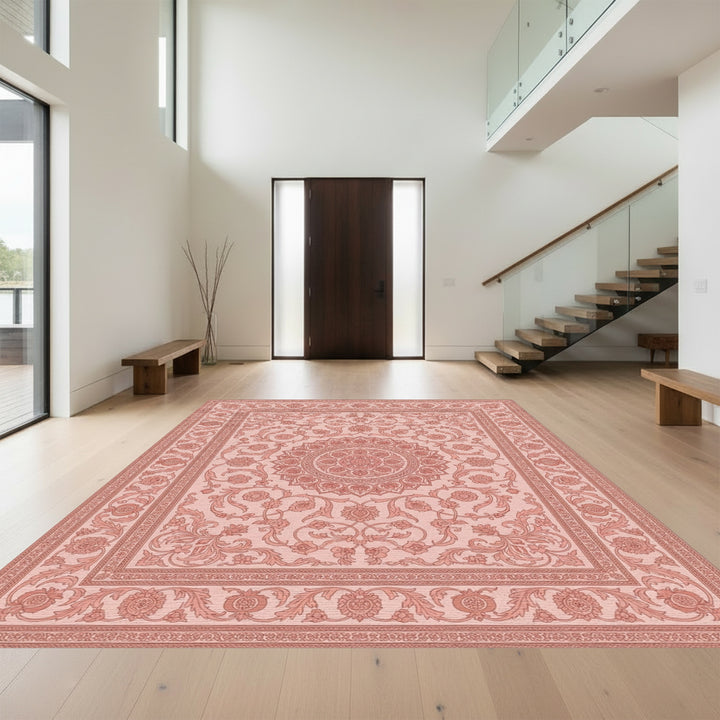 Delicate Pink Floral Mandala Border Rug