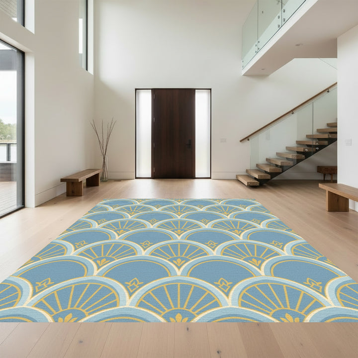 Blue Yellow Fan Arch Geometric Rug
