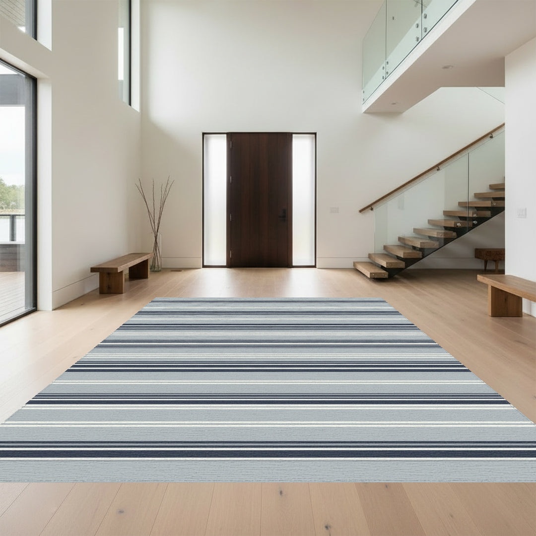 Cool Gray Navy Blue Striped Rug