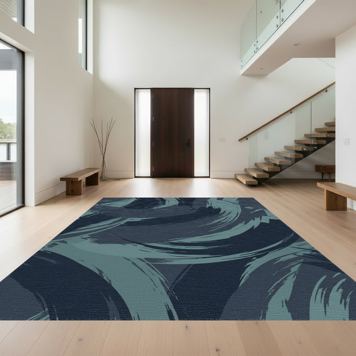 Deep Teal Brushstroke Abstract Swirls Rug