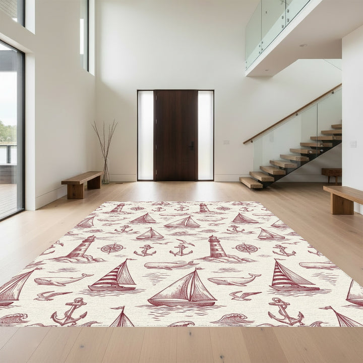 Nautical Sketch Lighthouse Sailboat Whale Anchor Rug
