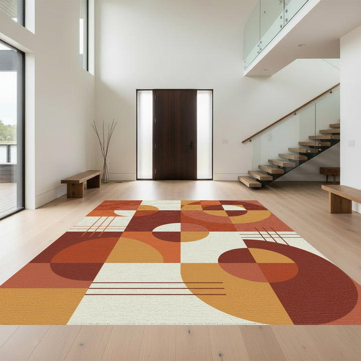 Warm Earthy Geometric Circles Squares Rug