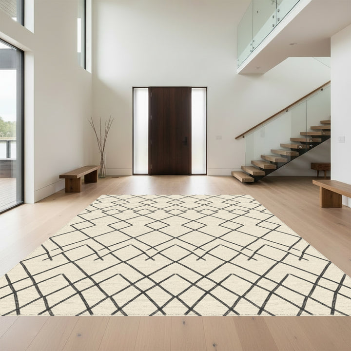 Cream and Charcoal Geometric Diamond Lattice Rug