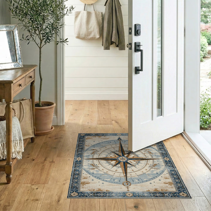 Distressed Vintage Compass Blue Area Rug