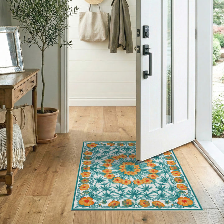 Teal Floral Palm Area Rug