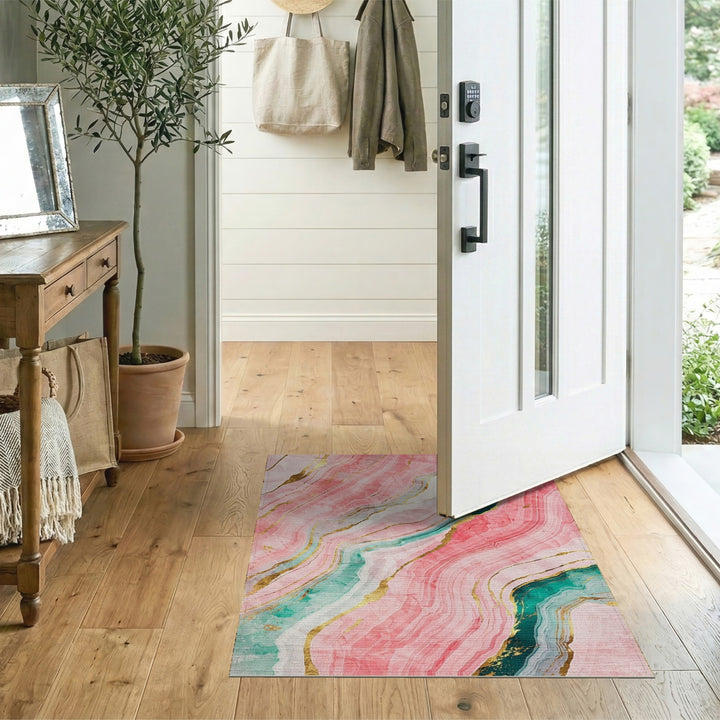Pink Marble Gold Teal Abstract Area Rug