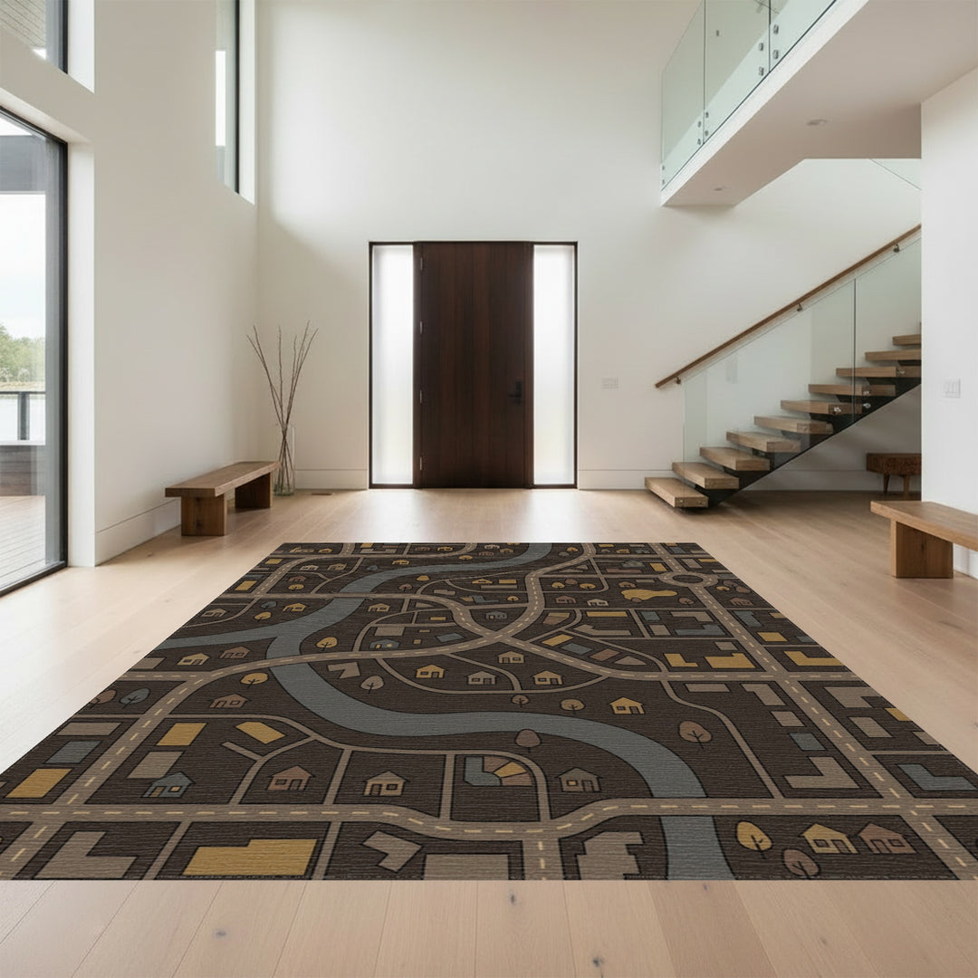 Urban City Map Brown Gold Scheme Rug