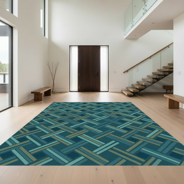 Teal Blue Woven Geometric Overlay Rug