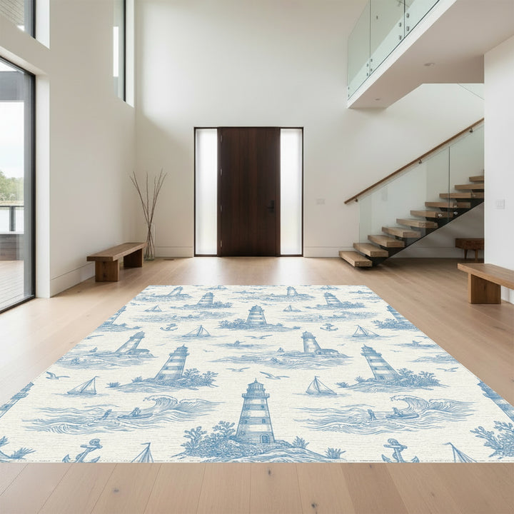 Coastal Blue Lighthouse Sailboat Scene Rug