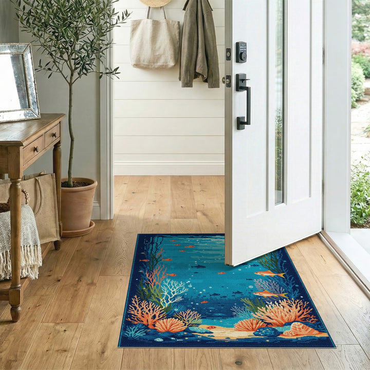 Underwater Coral Fish Blue Teal Area Rug