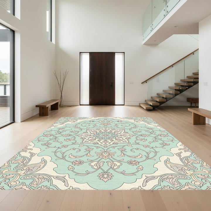 Pale Blue Floral Medallion Arabesque Rug