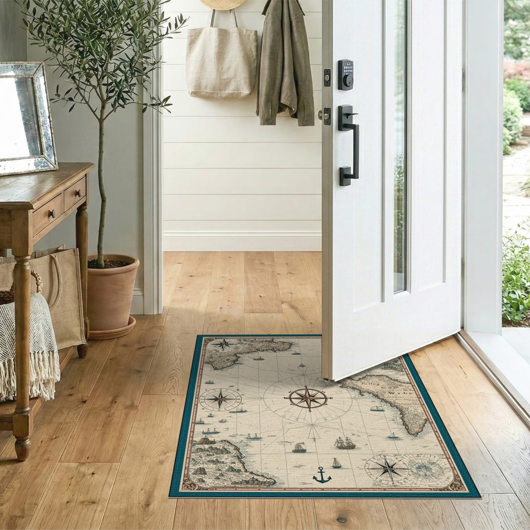 Vintage Nautical Map Area Rug with Compass