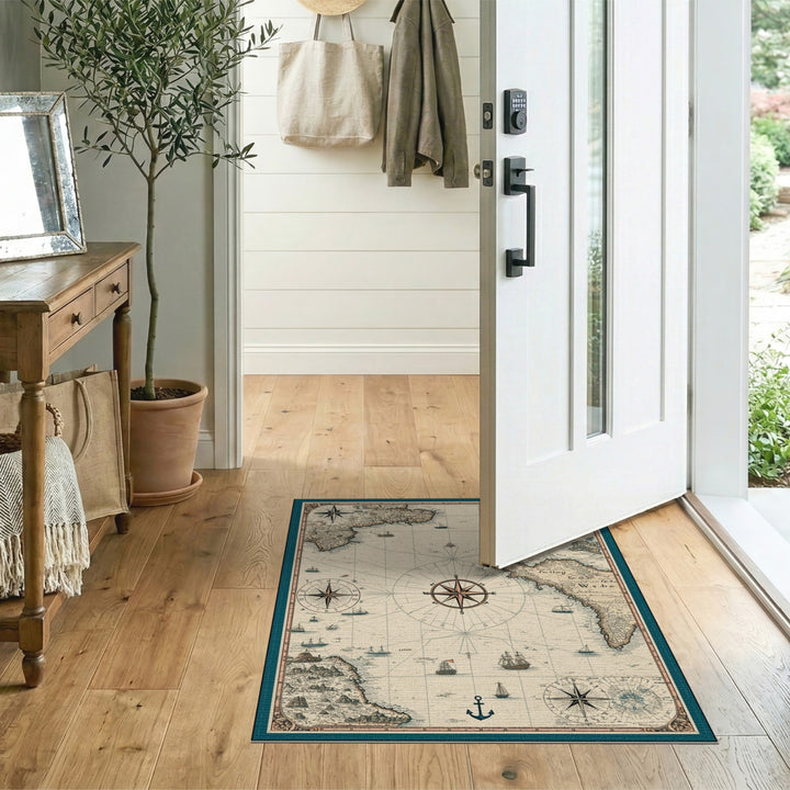 Vintage Nautical Map Area Rug with Compass