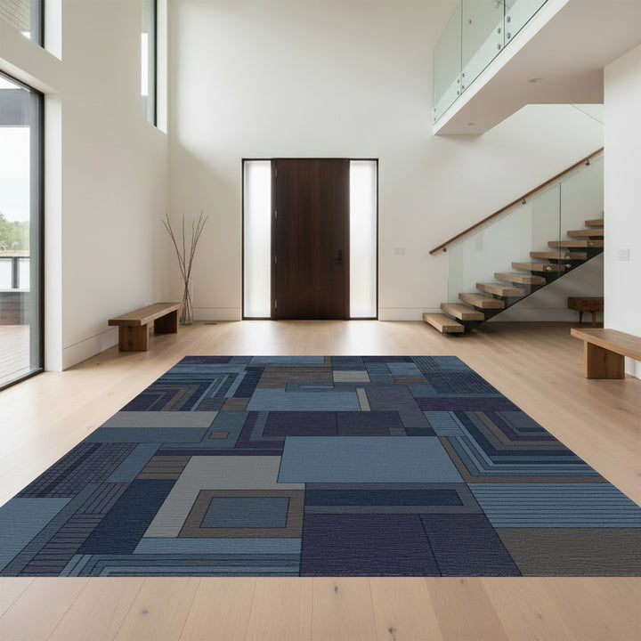 Modern Deep Blue Geometric Blocks Rug