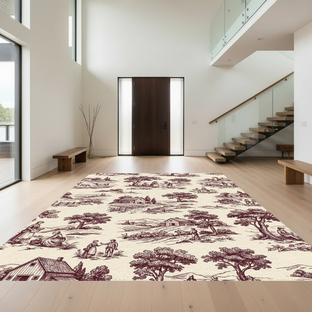 Vintage Rural Landscape Toile Scene Rug