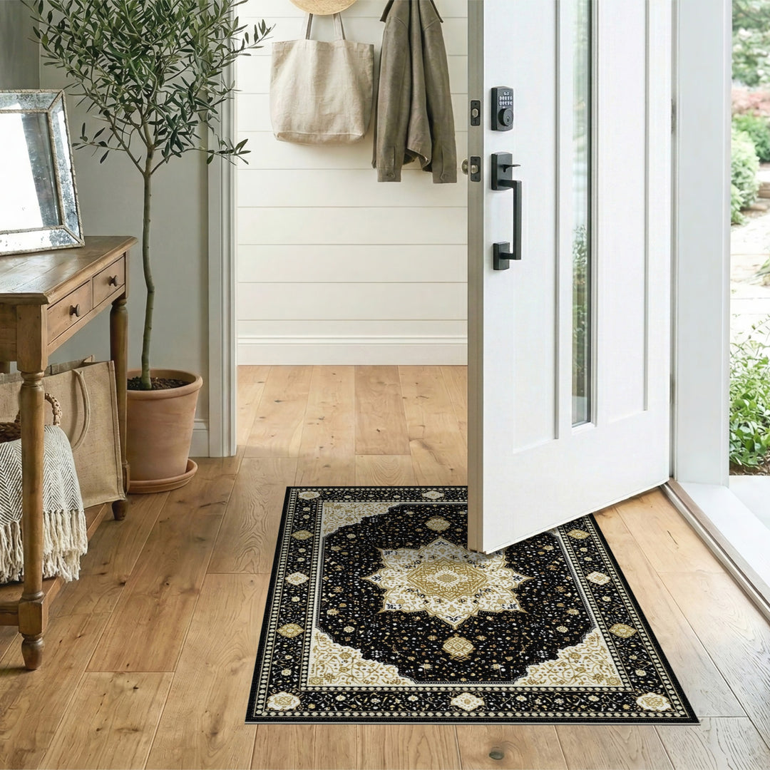 Traditional Persian Black Gold Persian Medallion Area Rug