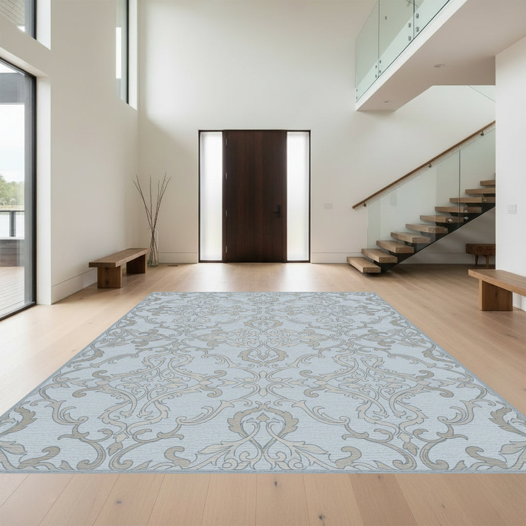 Pale Blue Cream Damask Scroll Rug