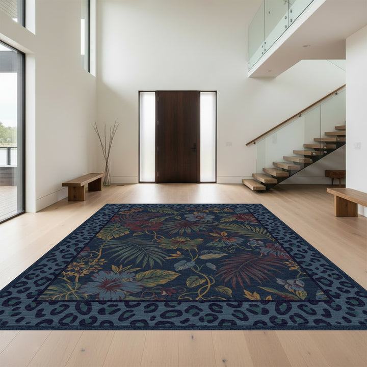 Vibrant Tropical Floral Leopard Border Rug