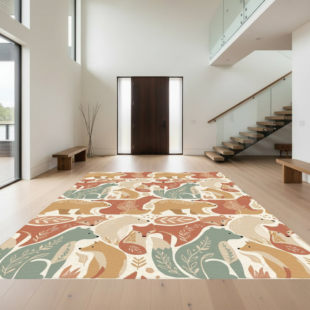 Woodland Creatures Earthy Tone Folk Art Rug
