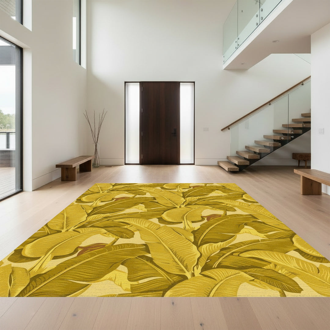 Golden Banana Leaf Tropical Arrangement Rug