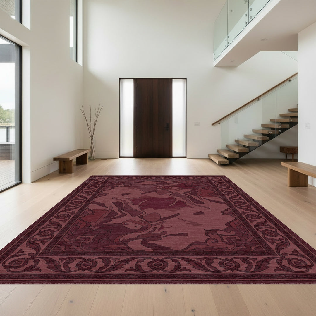 Deep Burgundy Floral Medallion Border Rug