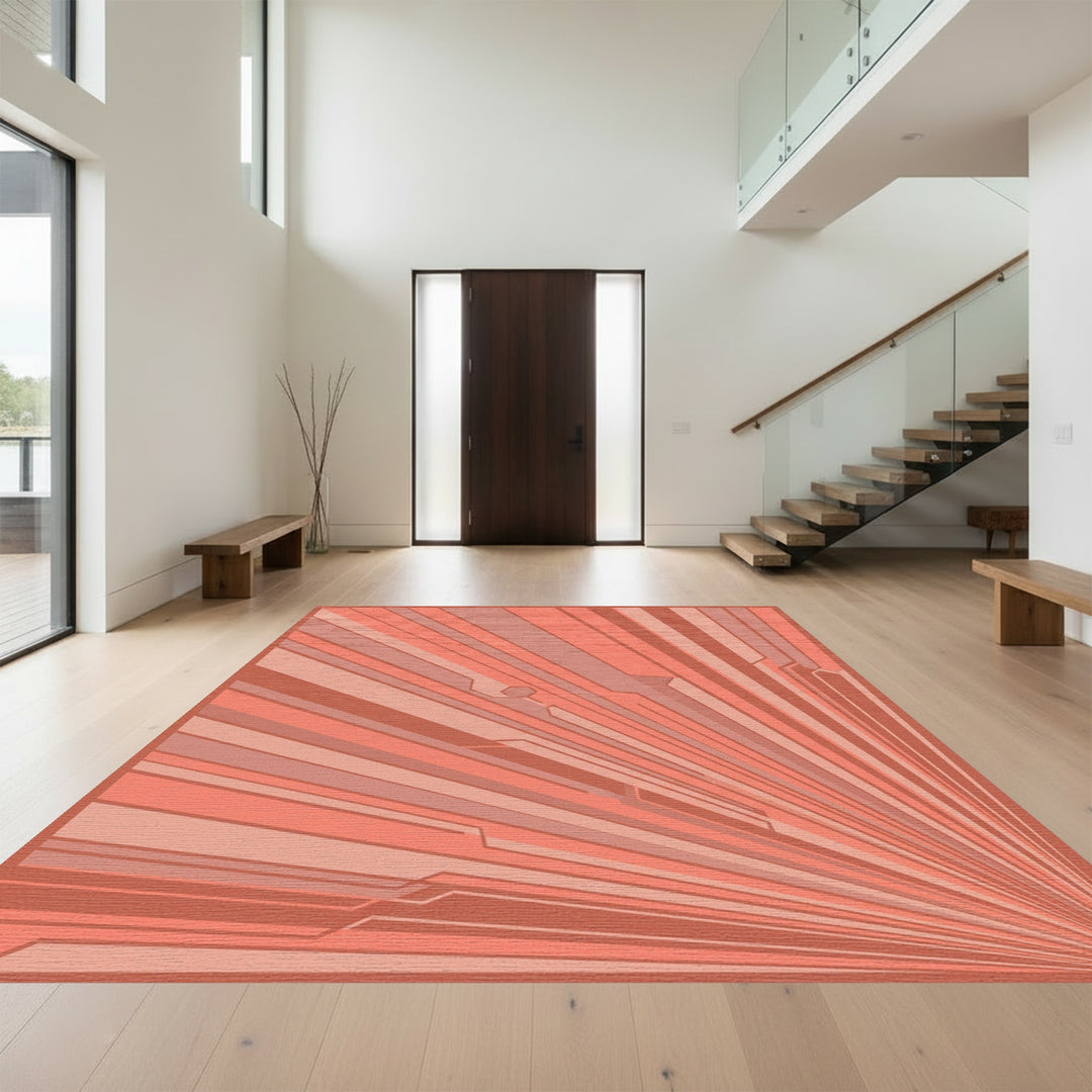 Coral Sunburst Geometric Lines Rug