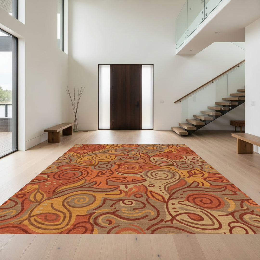 Earthy Terracotta Swirl Leaf Rug