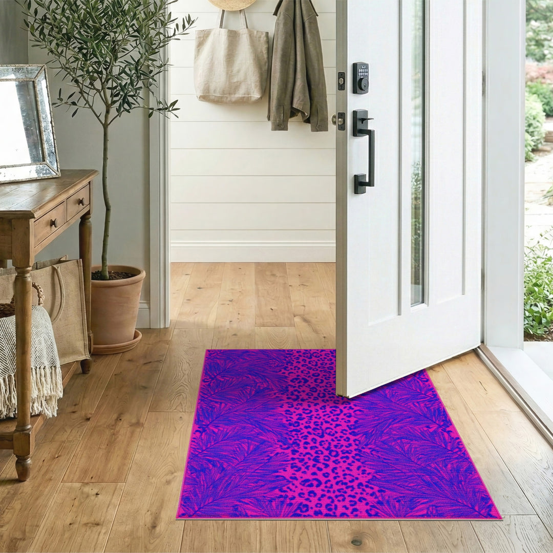 Pink Leopard Palm Washable Area Rug