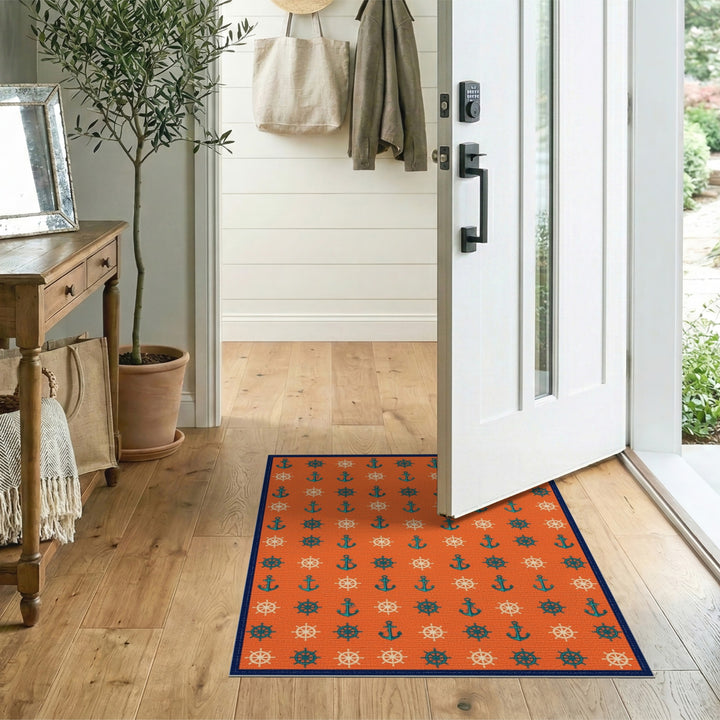 Orange Nautical Anchor and Wheel Area Rug