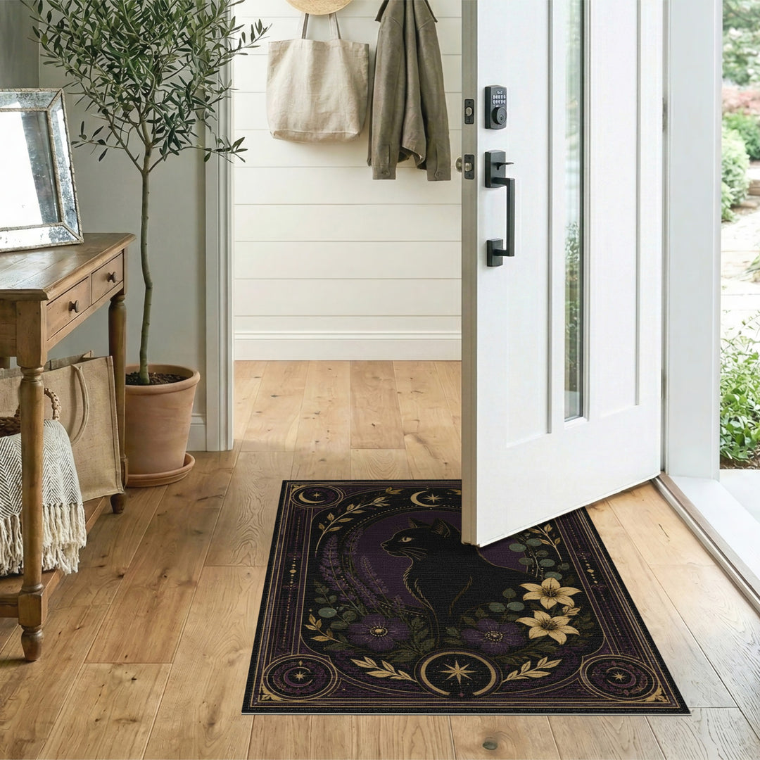 Black Cat Celestial Purple Floral Area Rug
