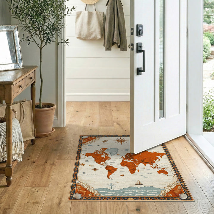 Vintage Orange World Map Area Rug