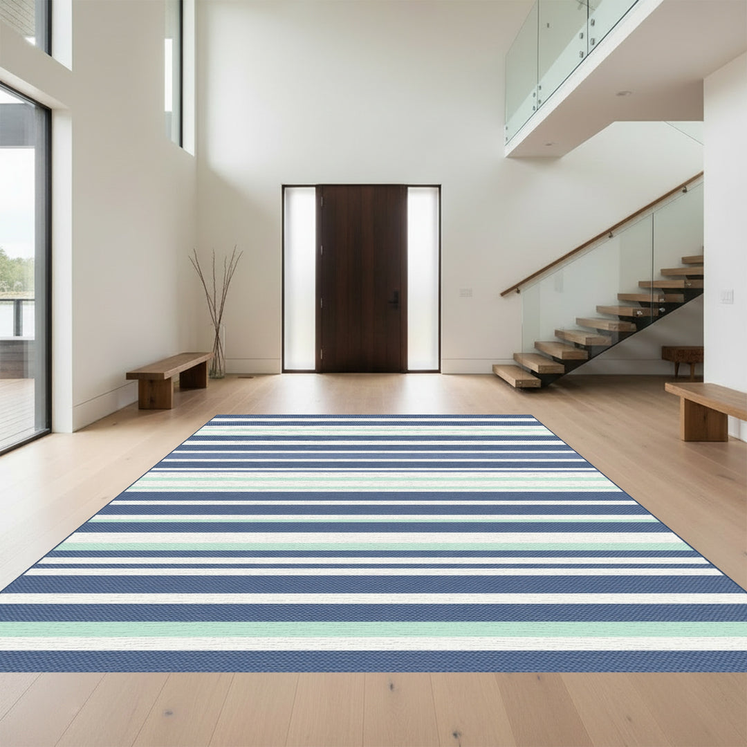Classic Blue White Green Striped Rug