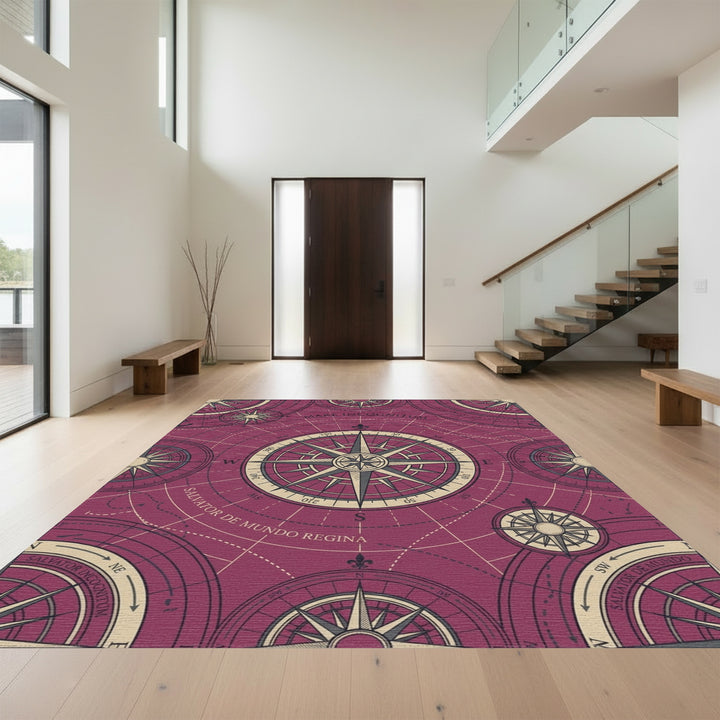 Antique Maroon Compass Rose Map Rug