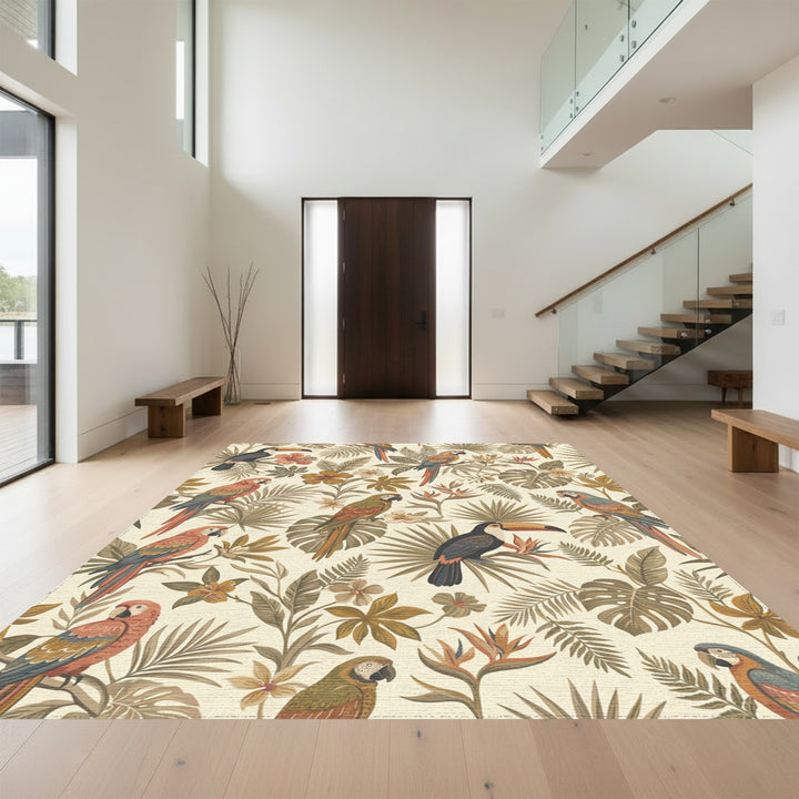 Earthy Tropical Toucan Parrot Foliage Rug