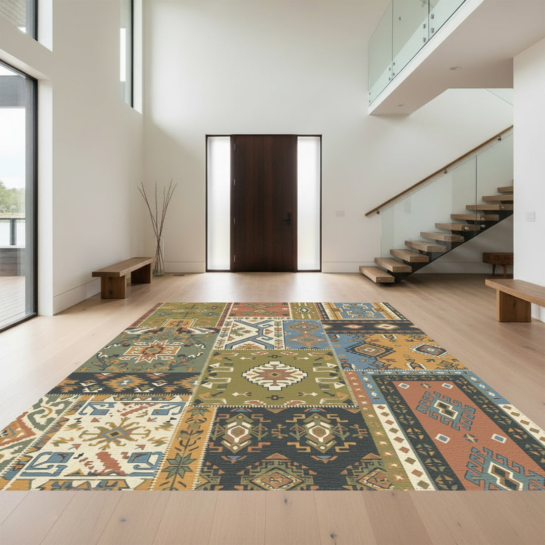 Patchwork Earth Tones Geometric Medallion Rug