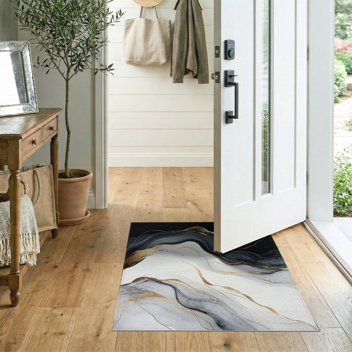 Black and White Black White Abstract Gold Wave Area Rug