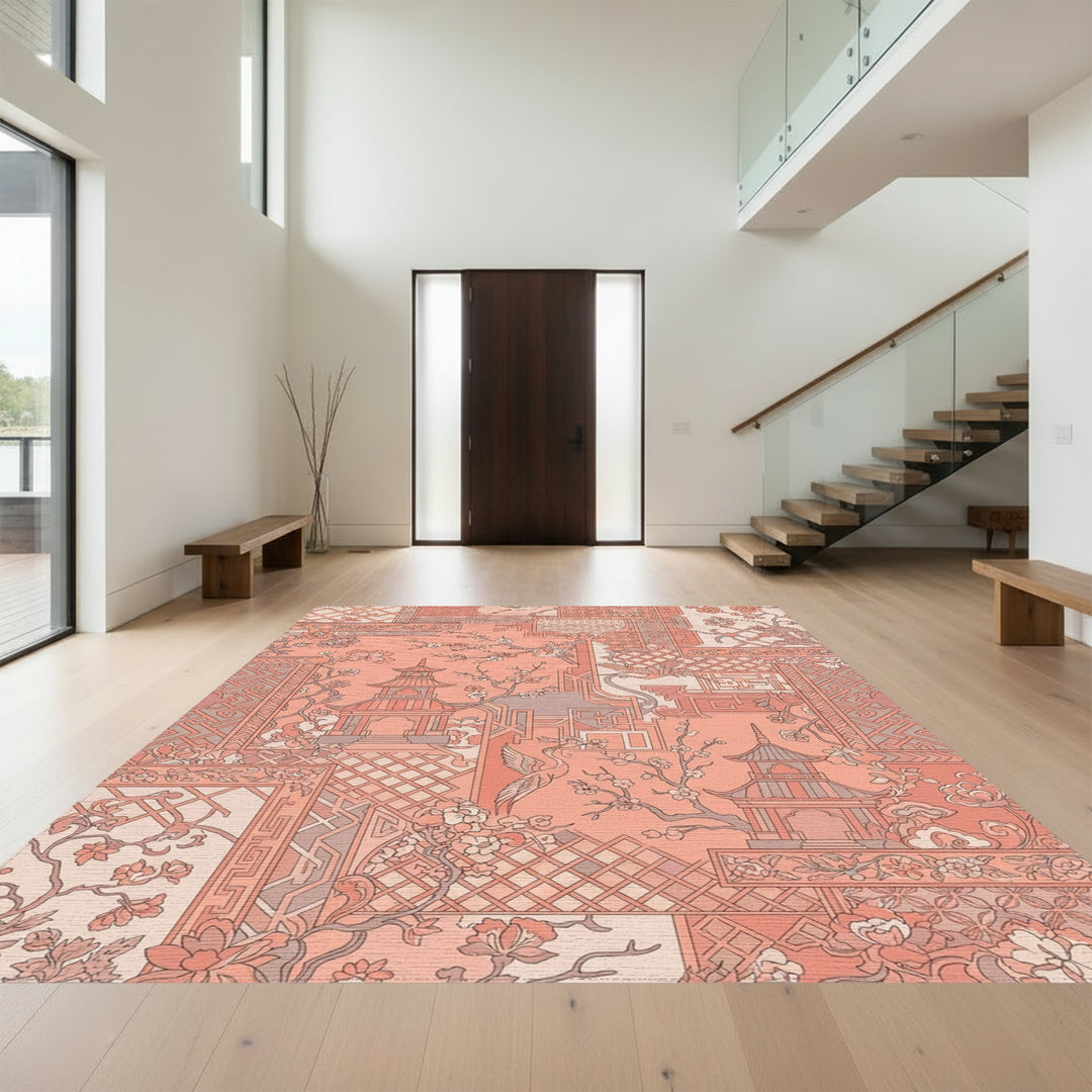 Coral Pagoda Crane Blossom Collage Rug