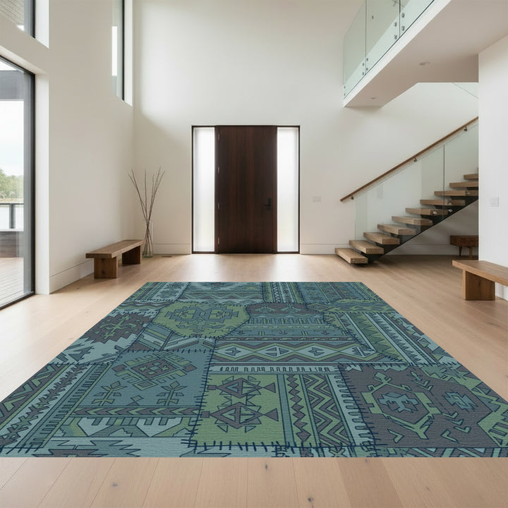 Patchwork Geometric Teal Ethnic Rug