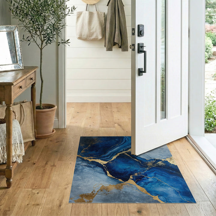 Blue Gold Abstract Marble Area Rug