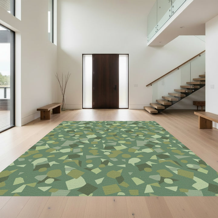 Earthy Green Abstract Geometric Collage Rug