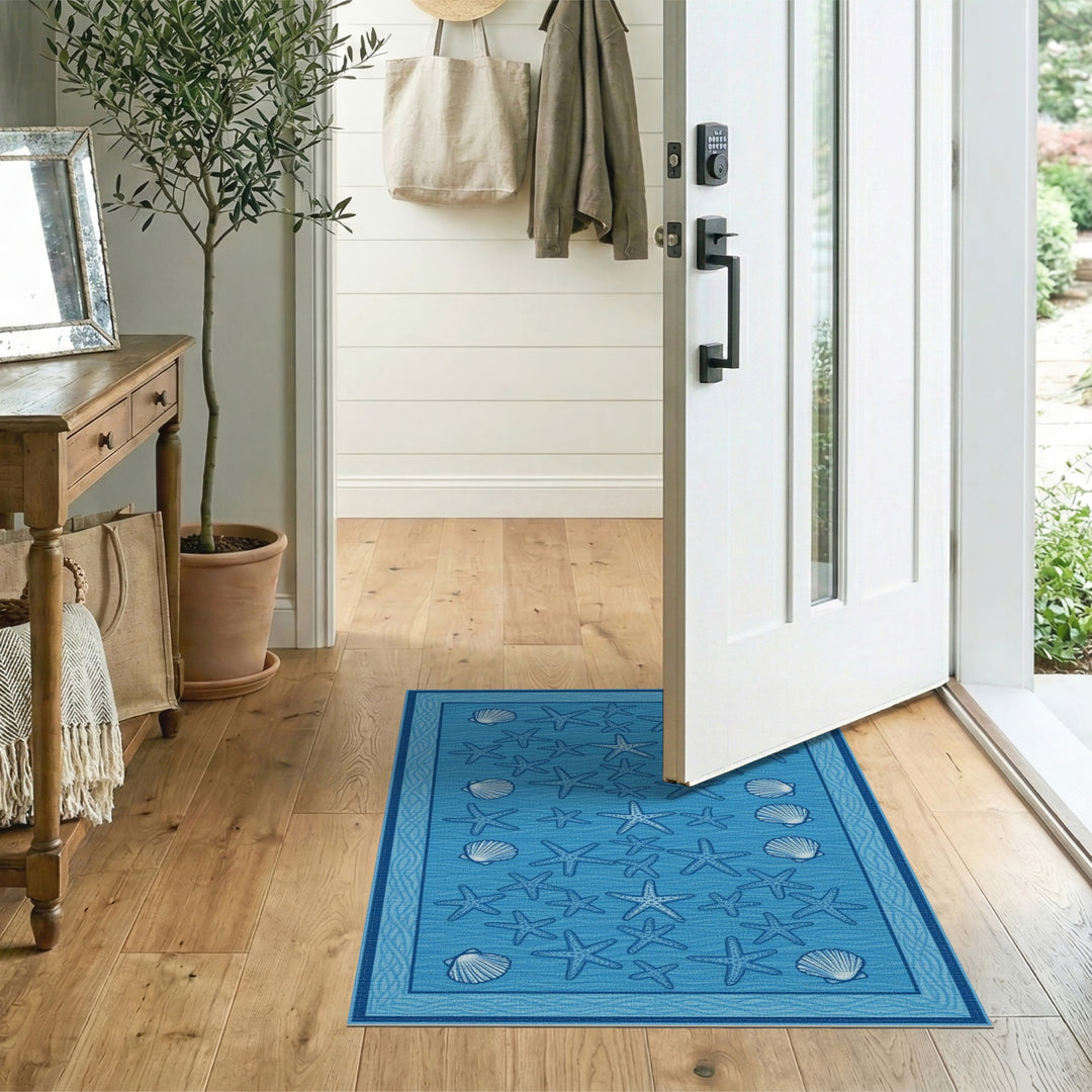 Blue Coastal Starfish and Seashell Area Rug