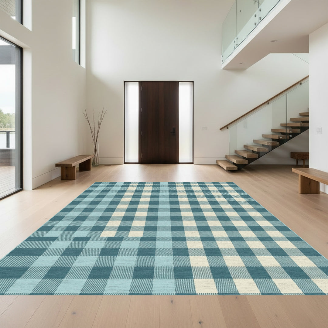 Teal Cream Checkered Comfort Rug