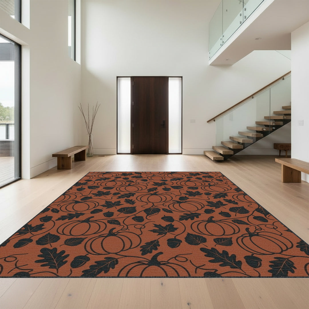 Terracotta Pumpkin Vine Acorn Leaves Rug
