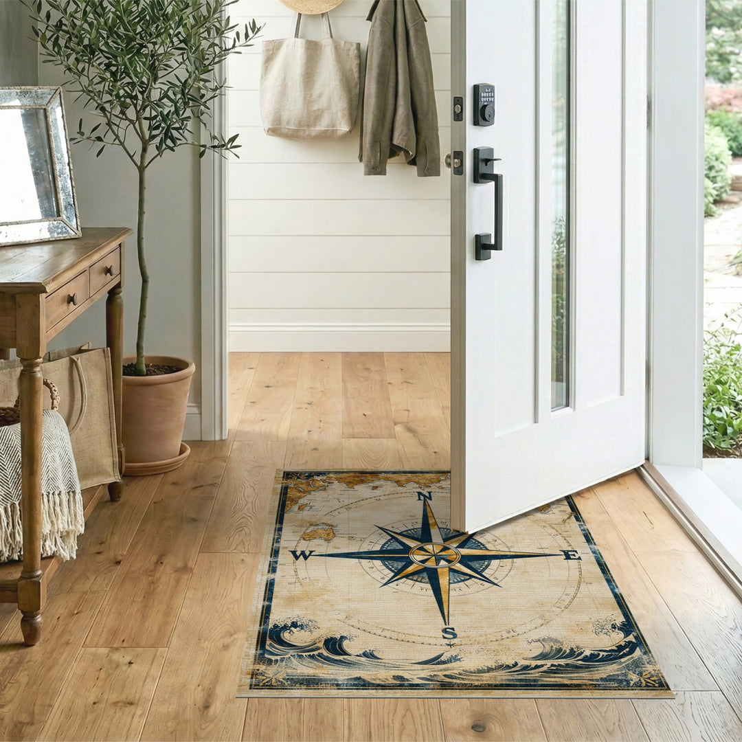 Vintage Compass World Map Area Rug