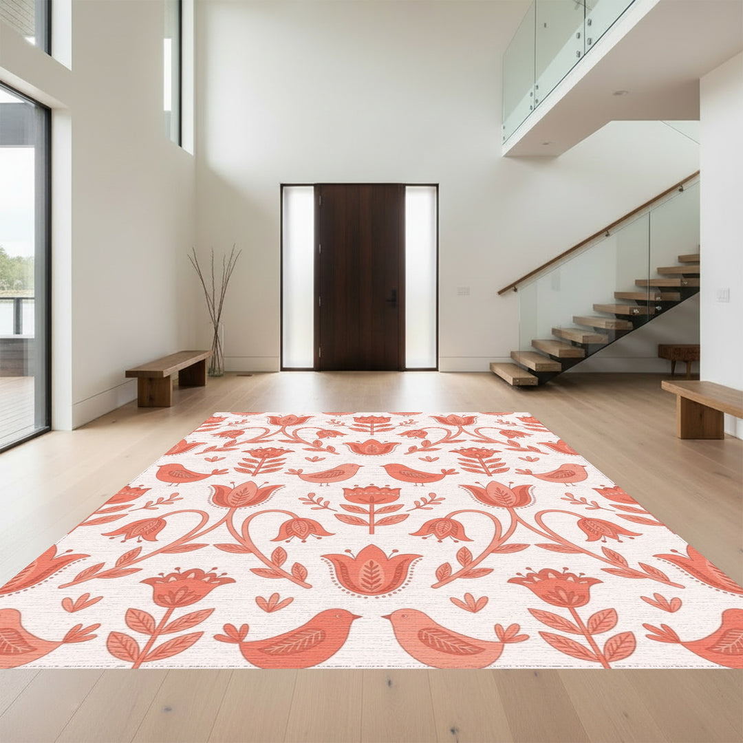 Coral Folk Floral Bird Garden Rug