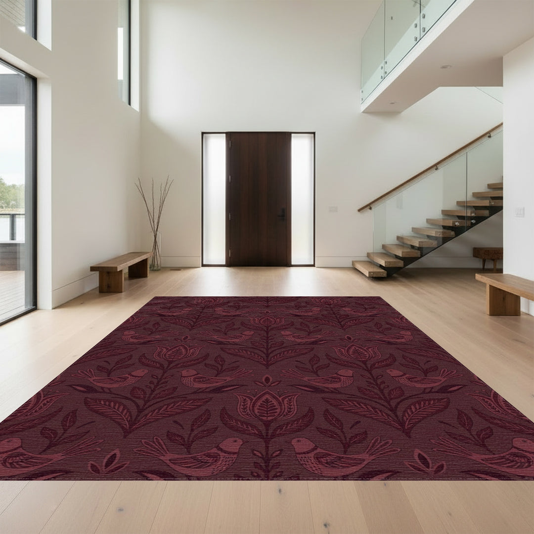 Deep Crimson Bird Floral Medallion Rug