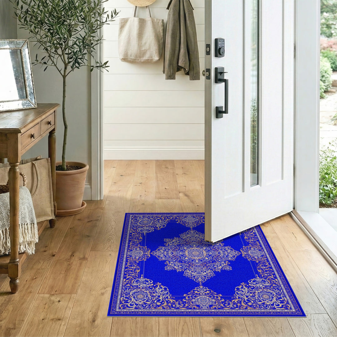 Blue and Teal Blue Gold Traditional Persian Area Rug