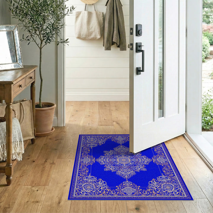 Blue and Teal Blue Gold Traditional Persian Area Rug