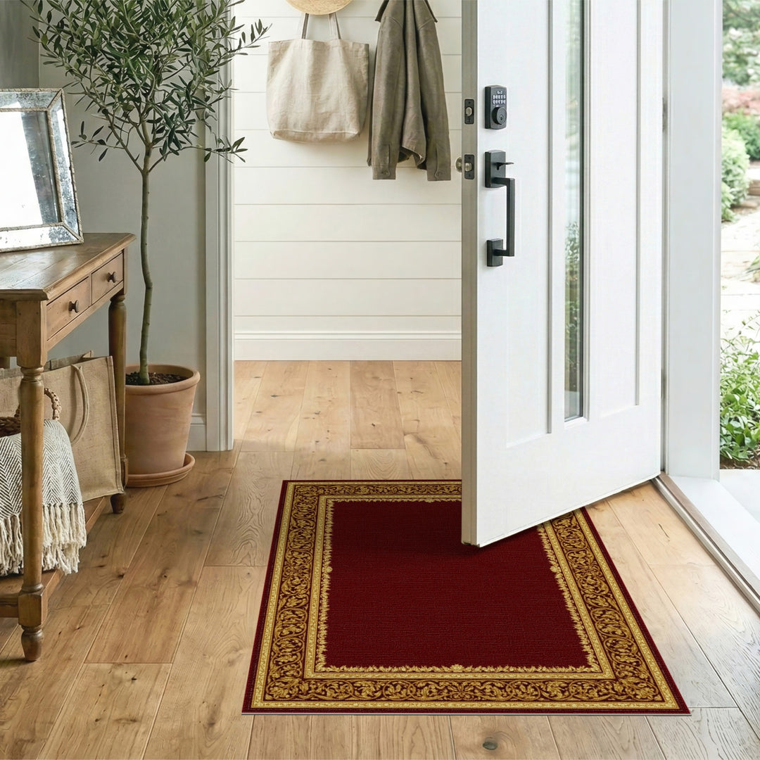 Rich Red Traditional Persian Rug with Gold Ornate Border